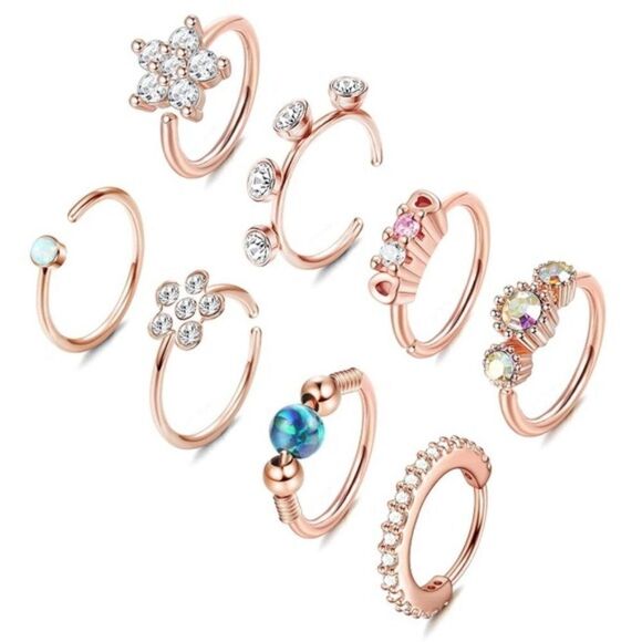 BijouStudios Nose Rings Jewelry - 20G 316L Stainless Steel Rose Gold and Cubic Zirconia Nose Hoop Rings - Set of 8